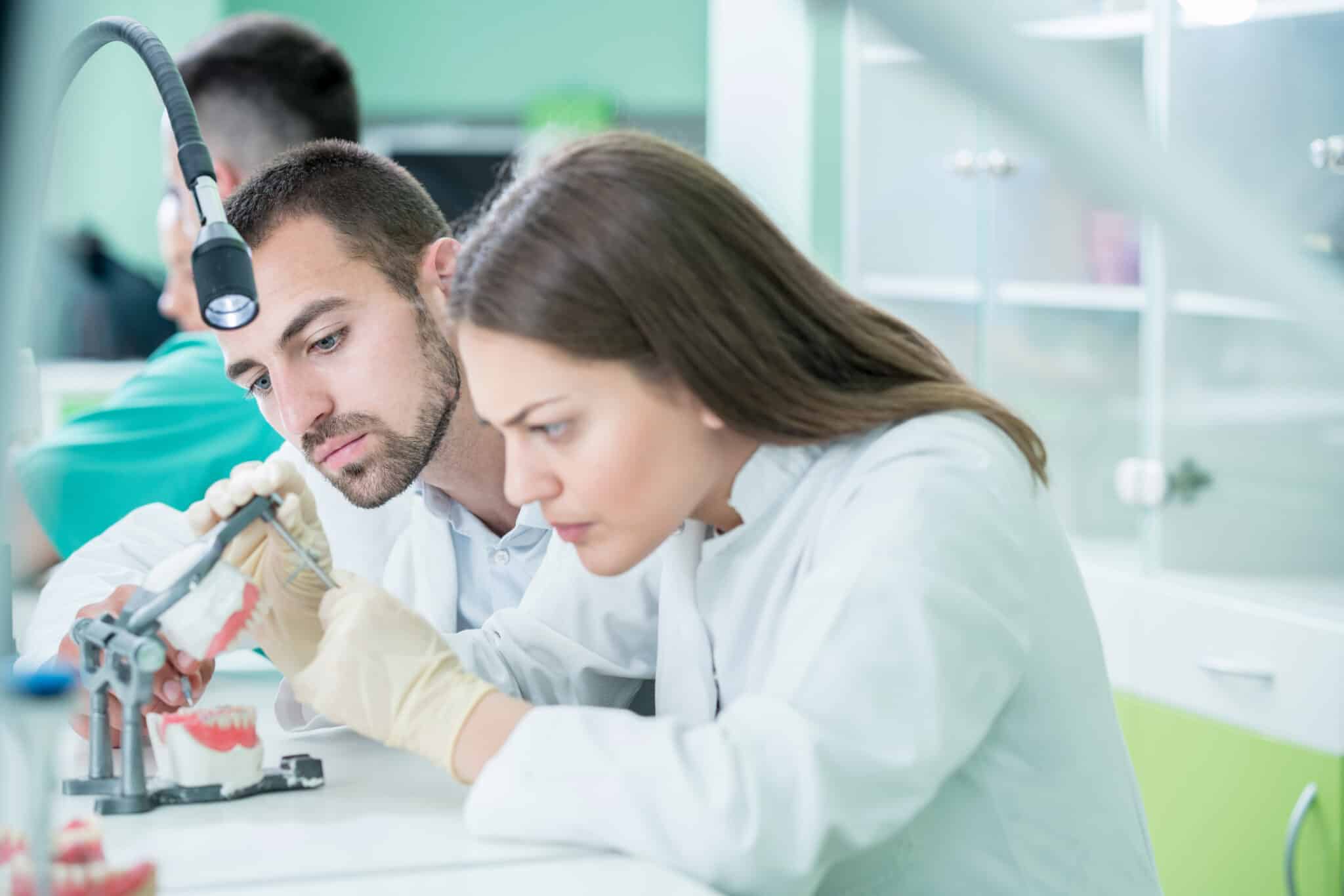 Young team of dental technicians making teeth prostetics. Process of making denture.